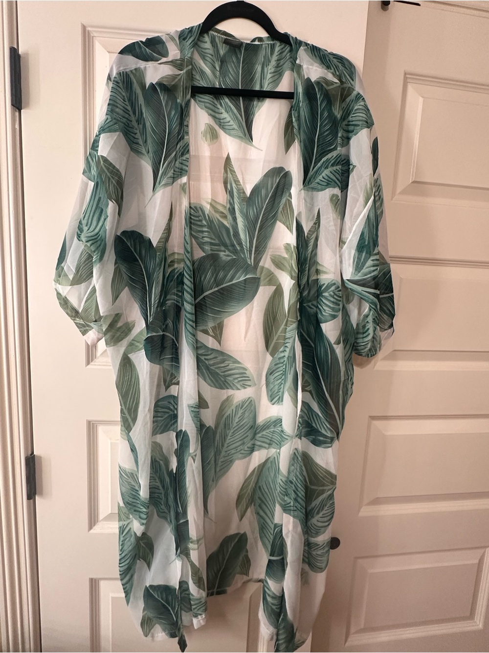 Linda Anderson Tropical Leaf Green & White Long Sheer Swim Coverup - Picture 2 of 6